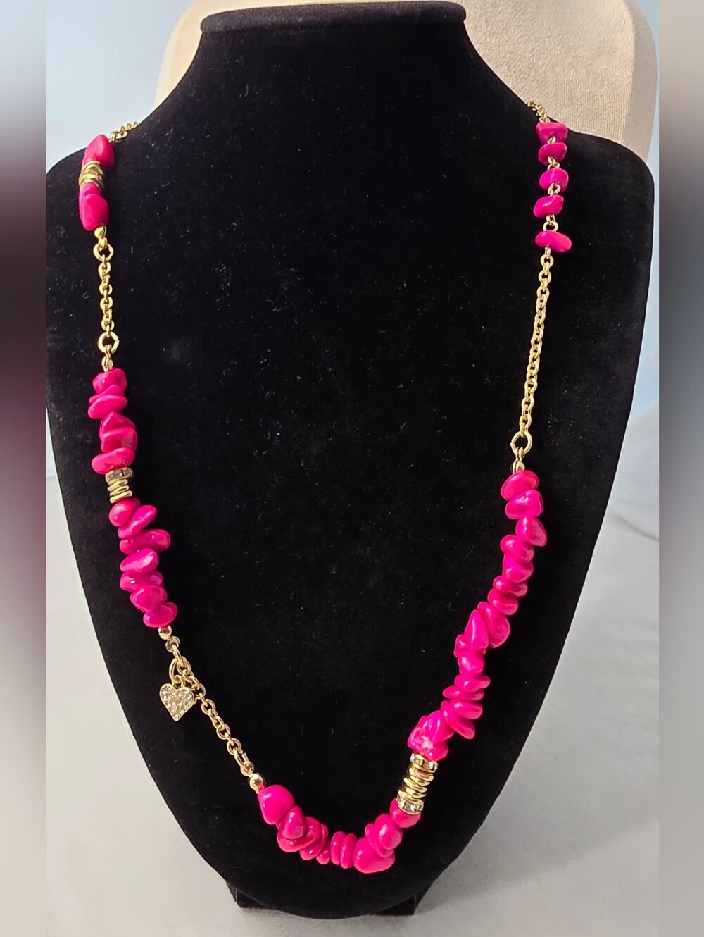 Sequin- Gold Chain Necklace with Hot Pink Bead Accents